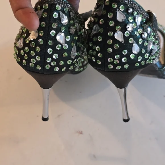 Marichi Mani Heels 8.5 Women Green Metallic Rhinestone Stiletto Party Bridal - Picture 6 of 15